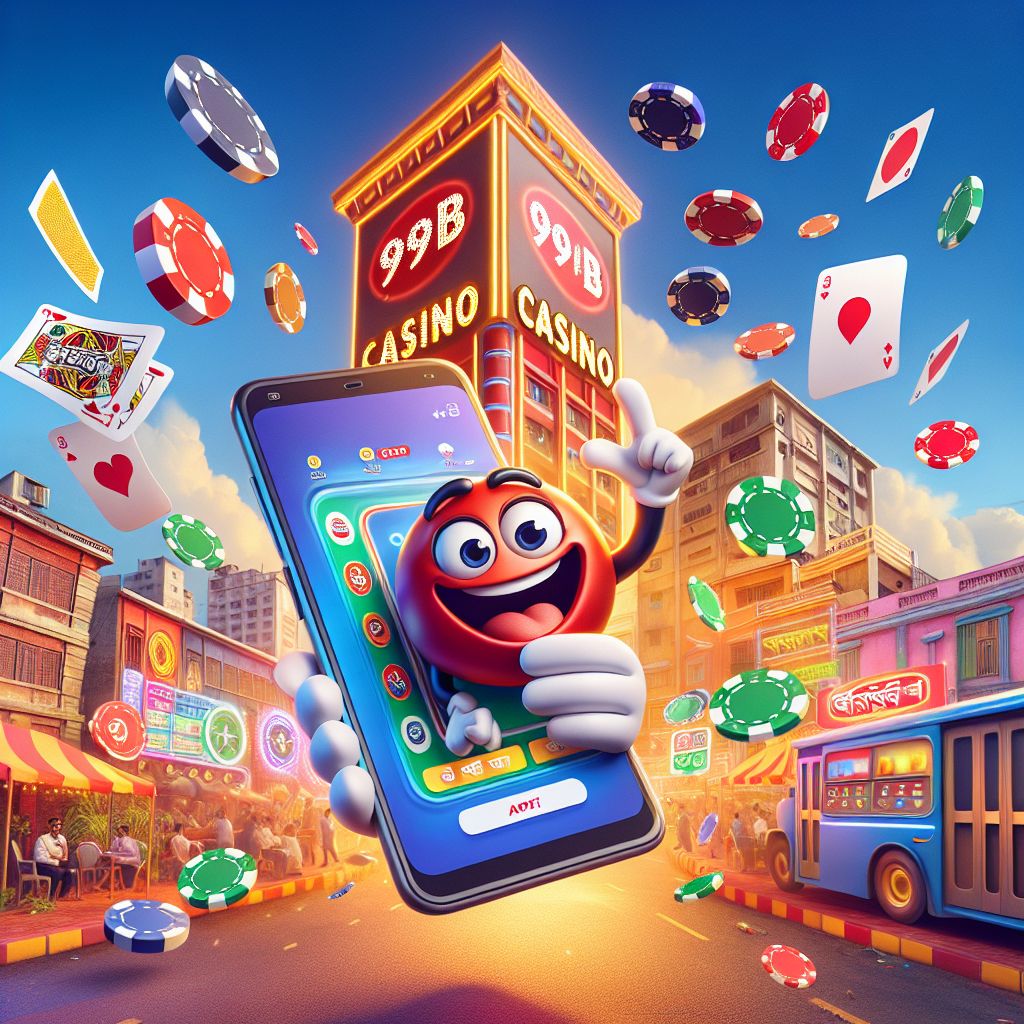 999db themed cartoon casino character with chips, phone, and slot symbols