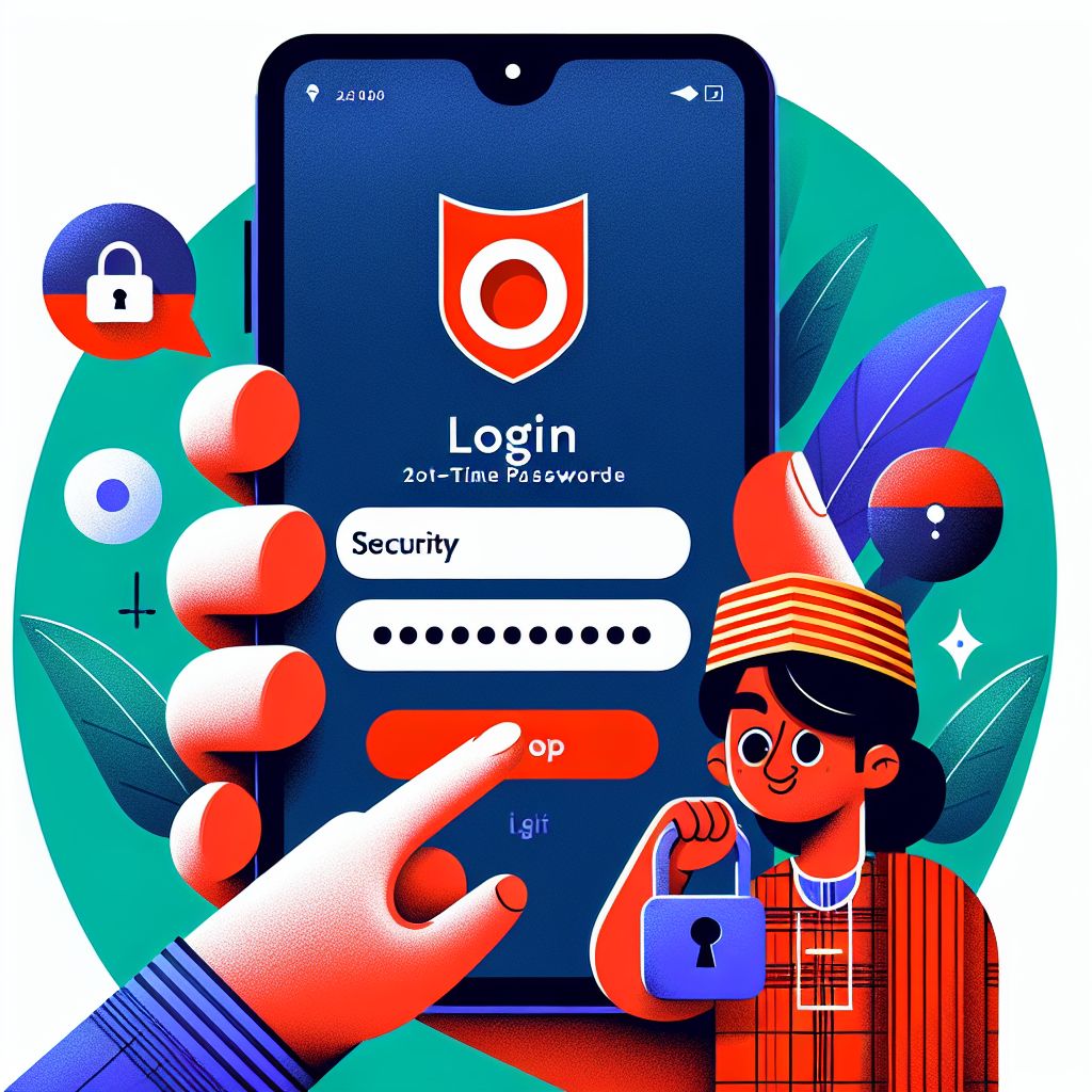 Cartoon character holding a phone with a login screen and shield icon for security