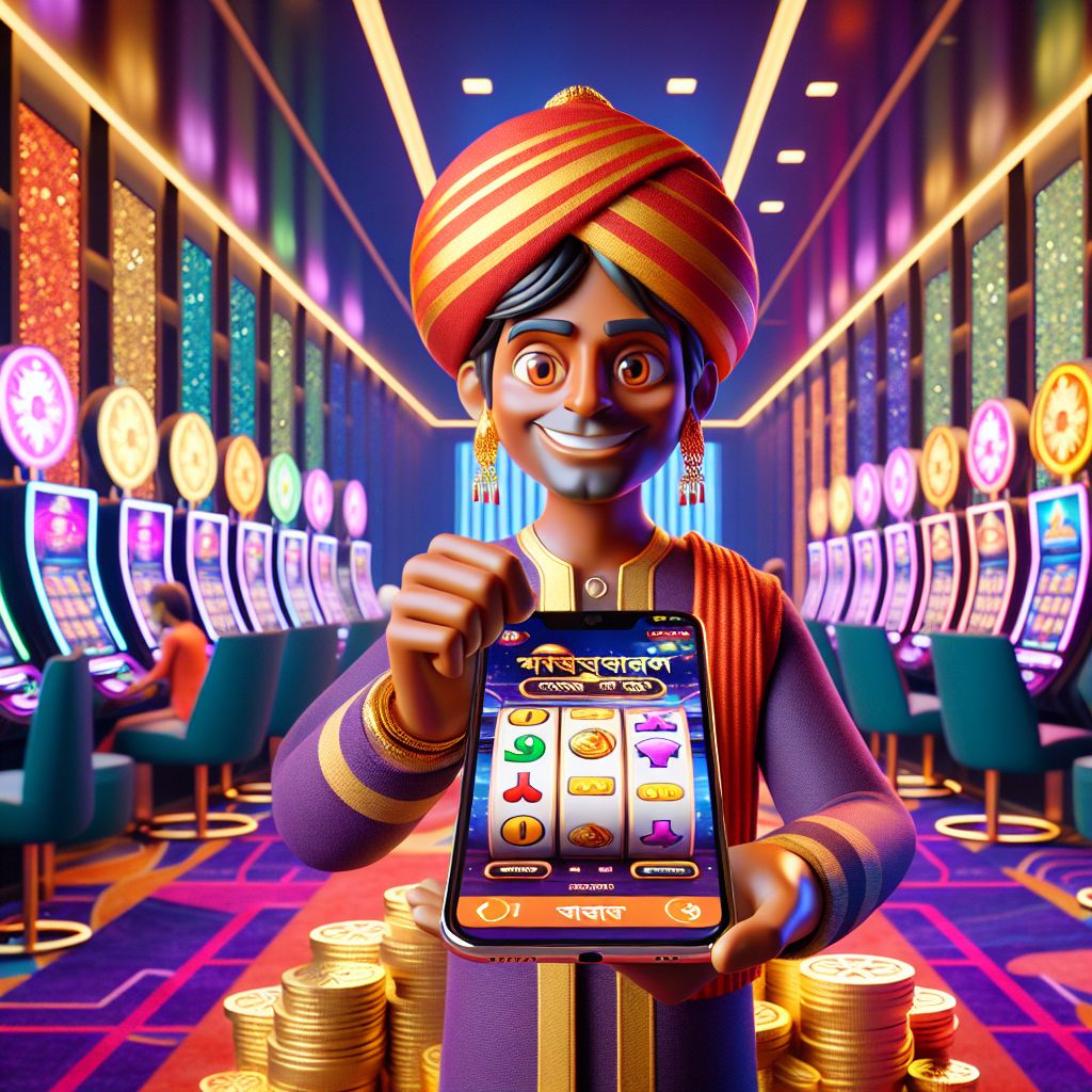 Cartoon character spinning slot reels with coins and Bangladesh-inspired colors